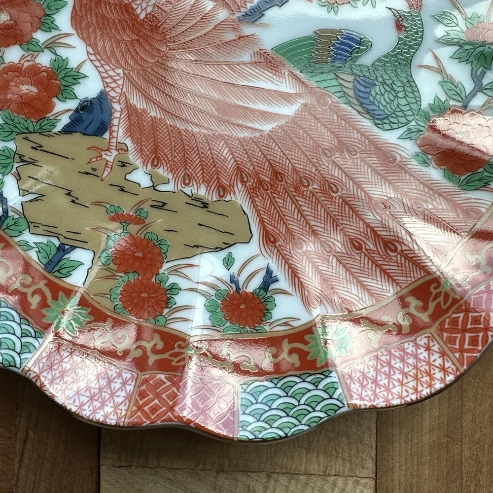 Imari Japanese Salad Plate 7 Inch Orange Green Gold Peacock Scallop Edge Signed